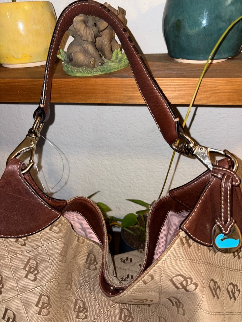 Dooney & Bourke Beige Canvas Logo Hobo with Brown Leather Trim - Picture 3 of 9